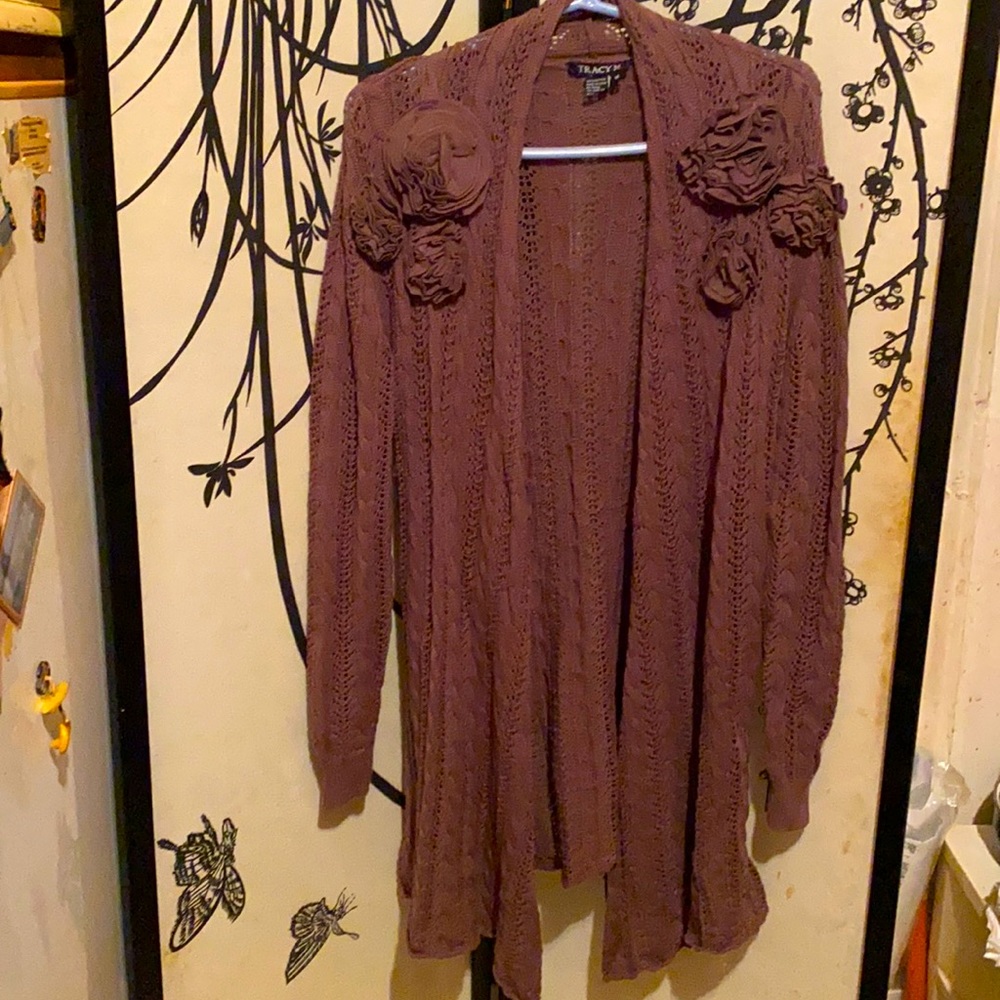 Tracy M Women’s Ruffled Roses Open Front Cardigan Sweater Chocolate Brown